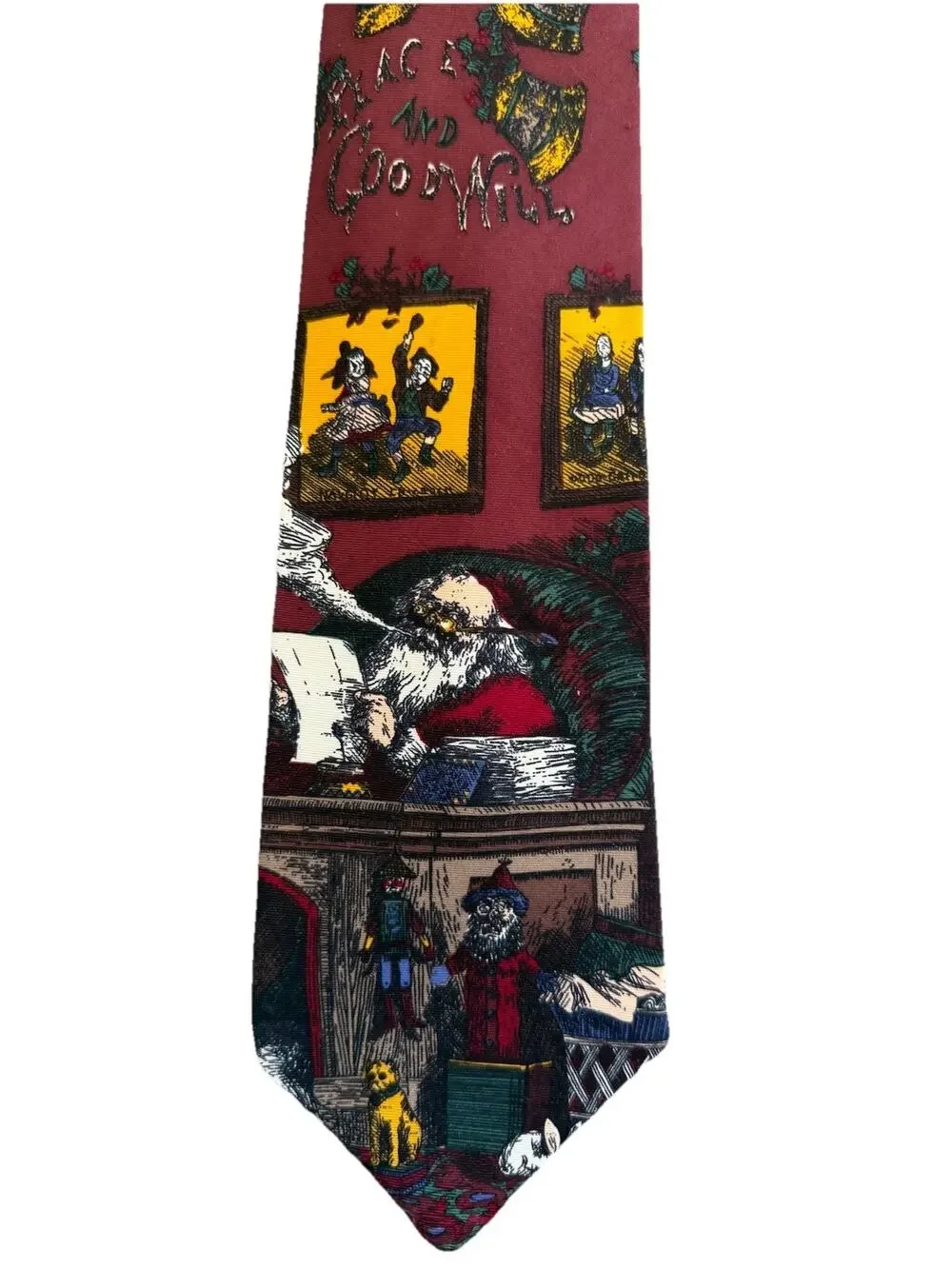Vintage Viaggio Old St Nick Silk Novelty Christmas Neck Tie Santa Bells Burgandy